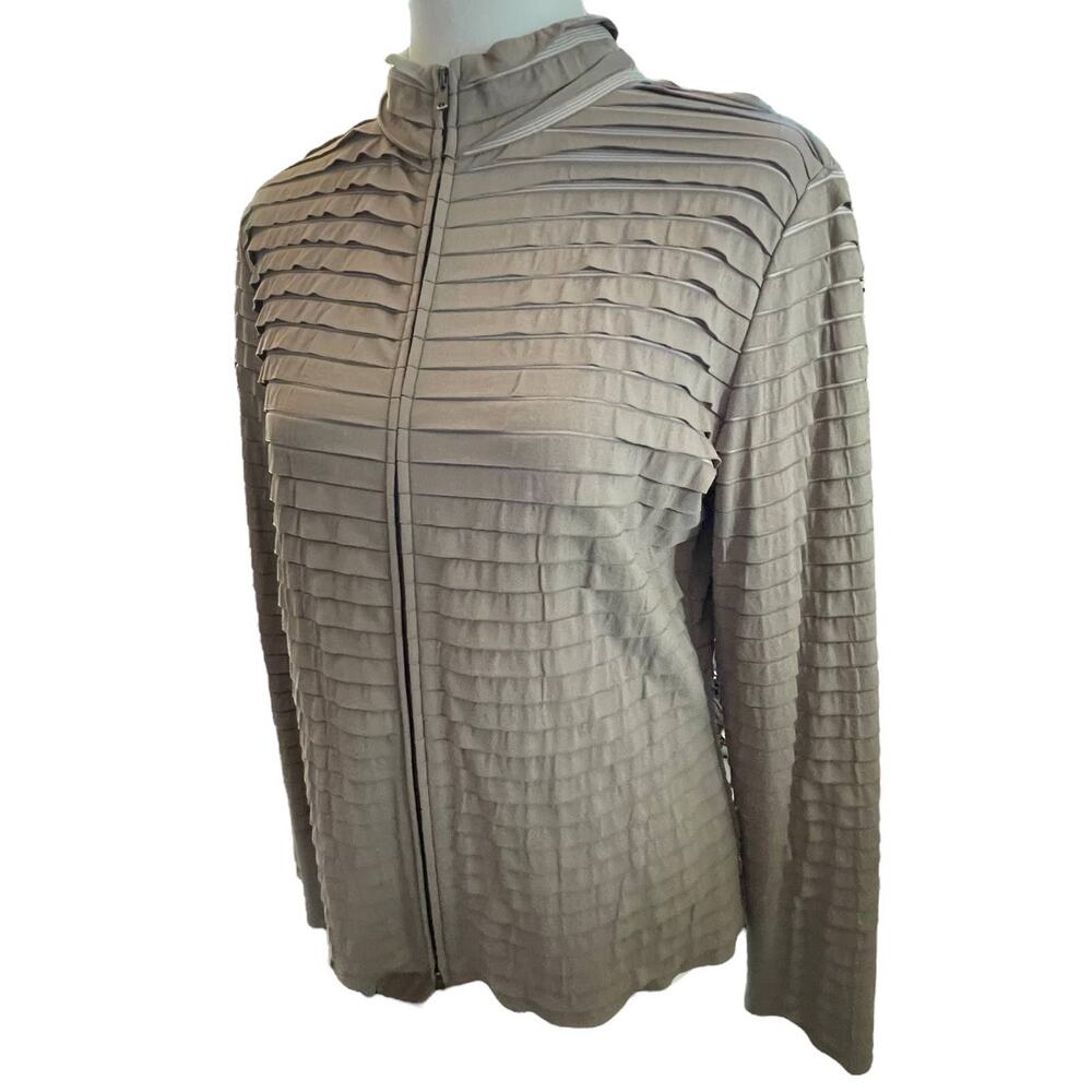 St John Taupe Jacket Ruffled Dual Zip Size Small Womens Light Coat Stretch